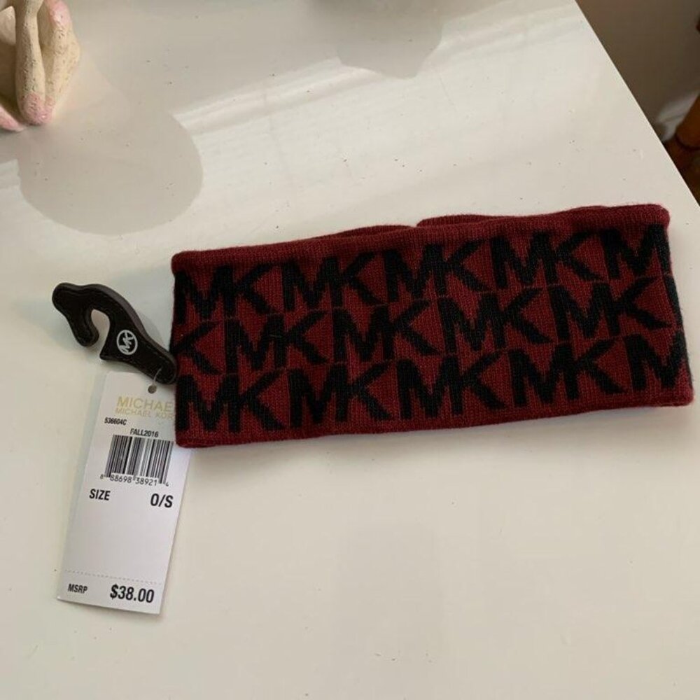 Michael Kors signature headband in a burgundy and black MK logo print